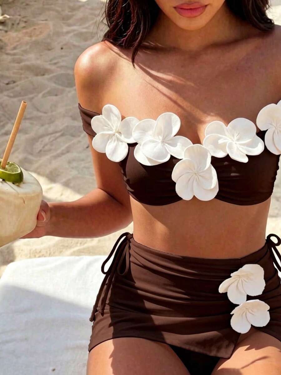 SHEIN Swim 春夏新款女款白色兩件式比基尼套裝,無肩帶性感海灘度假泳衣,適合海灘約會 - 棕色 - 查看 1