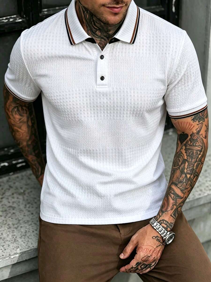 EGENSIO Men's Knit Jacquard Textured Collar 3-Button Polo Shirt, Ceremony - White - View 1