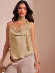 Hauture Women Satin Cowl Neck Inset Attached Scarf Cami Top, Holiday New Years Date Night - Khaki - View 4