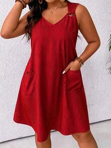 Linhara CURVE Plus Size Women's Striped Dual Pocket Casual Sleeveless Dress - Red - View 5