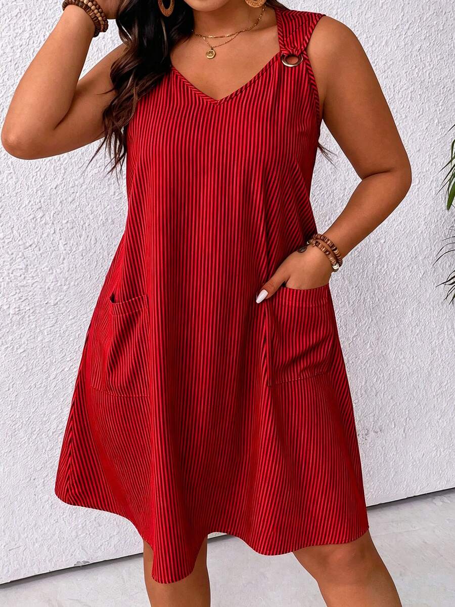 Linhara CURVE Plus Size Women's Striped Dual Pocket Casual Sleeveless Dress - Red - View 1