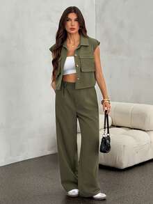 SHEIN Tall Setelan Kemeja dan Celana Panjang Wanita Gaya Kasual dan Minimalis Warna Hijau Army untuk Musim Semi/Panas Terbaru - Hijau Tentara - View 3
