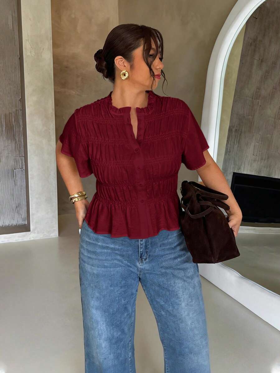Firerie Plus Size Women Solid Color Pleated Short Sleeve Single-Breasted Shirt Formal Office Burgundy Summer Elegant