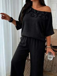 Weeklong Plus Size Women 3D Floral Decor Asymmetric Neck Top And Casual Pants Vacation Set, Spring/Summer Fall - Black - View 6