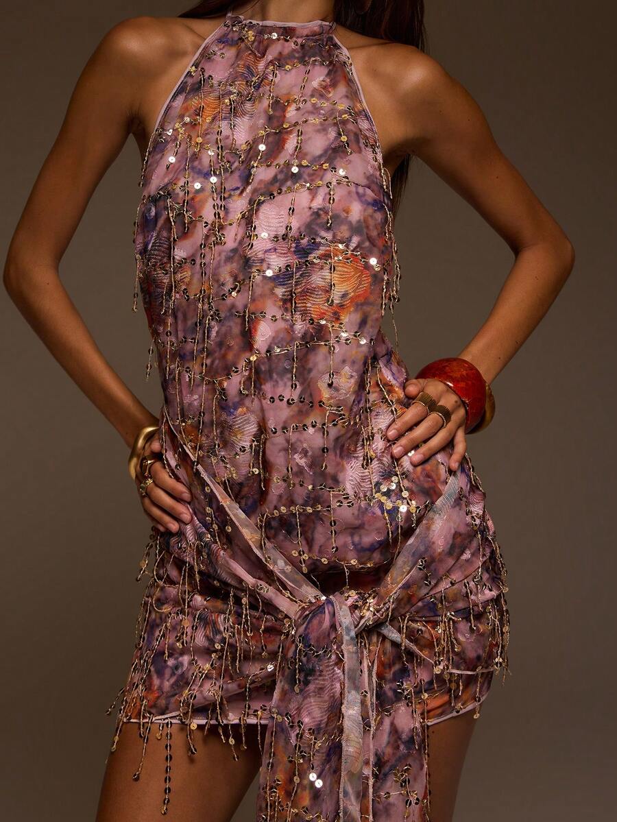 MUSERA Multicolour Sequin Tassel Drape Fitted Mini Dress - Multicolor - View 1