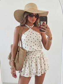 Flirla Women's Casual Boho Breezy Halter Neck Floral Patchwork Ruffle Hem Dress, Flattering Fit, Suitable For Beach Vacation Wear, Spring/Summer White Floral - Multicolor - View 1