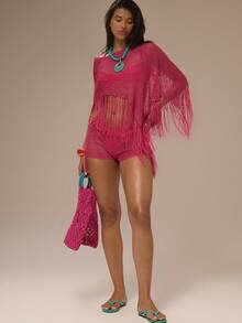 Musera Resort Pink Crochet Knit Off Shoulder Fringed Poncho - Hot Pink - View 5