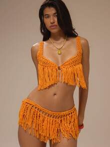 Musera Resort Orange Crochet Knit Tassel Bikini Top - Orange - View 1
