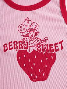 Strawberry Shortcake X SHEIN 女士草莓印花圆领吊带背心 - 粉色 - 查看 6