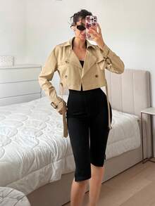 SHEIN EZwear 純色腰帶翻領短款風衣 - 卡其色 - 查看 5