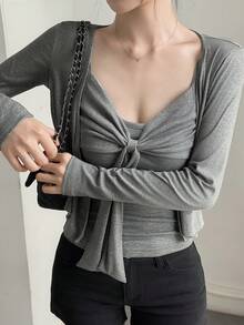 DAZY Women's Solid Color Tie Strap Long Sleeve Top 2pcs Set Lounge Sets For Women - Grey - View 4