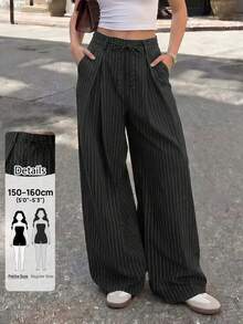 SHEIN PETITE Women's Casual Business Casual Black And White Striped Striped Trousers, High-Quality And Comfortable Texture, New Style For Summer And Autumn 2026 - Black - View 9