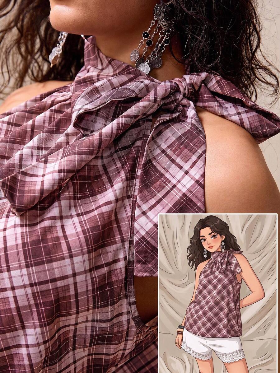 Nubod Plus Size Halter Tie Bow Plaid Sleeveless Shirt Evening Vacation Burgundy Summer Elegant - Brown - View 1