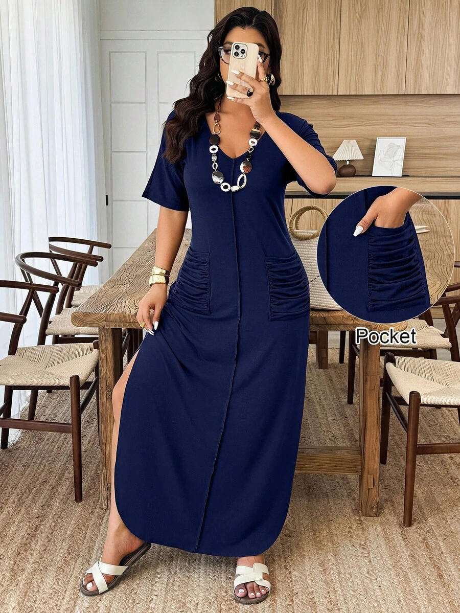 Weeklong Plus Size Women V-Neck Striped Dual Pocket Ruched Slit Hem Casual Knit Dress, Spring/Summer - Navy Blue - View 1