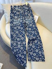 GlowEve Jeans casuales de mujer con pierna ancha y estampado jacquard - Azul lavado medio - Ver 1