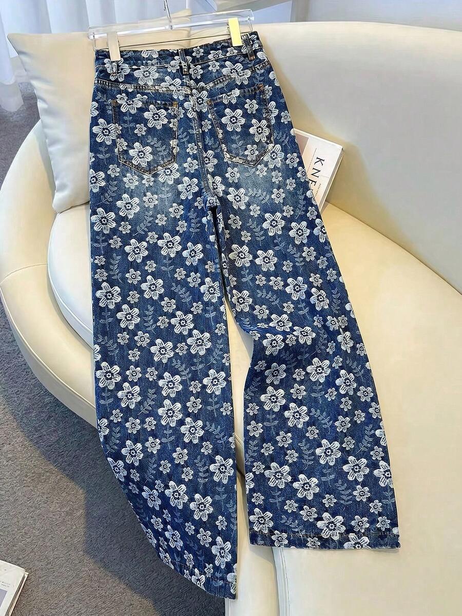 GlowEve Jeans casuales de mujer con pierna ancha y estampado jacquard - Azul lavado medio - Ver 1
