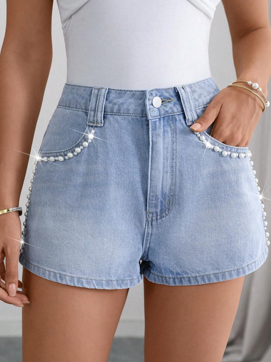 SHEIN Clasi Women's Beaded Denim Shorts Going Out Vacation Light Blue And White Summer Elegant Casual - Light Wash - View 1