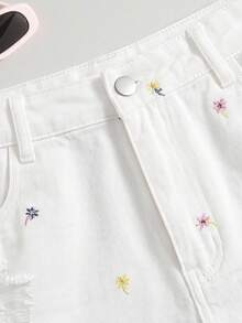 SHEIN 大尺碼時尚休閒日常百搭破洞牛仔短褲 - 白色 - 查看 4