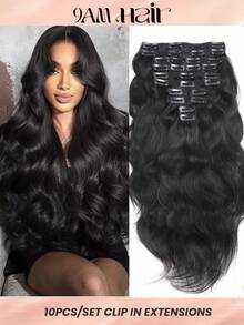 10 piezas de un set de extensiones de cabello humano con ondas naturales, con doble trama, rectas - Natural Black - Ver 1
