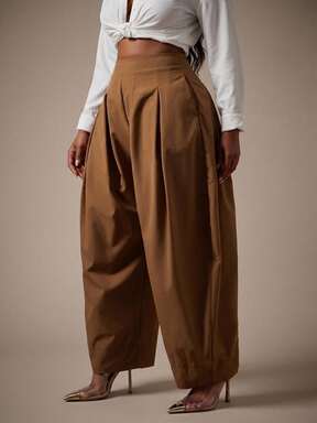 Radiana Plus Size Women's High Waist Pleated Detail Barrel Leg Office Pants