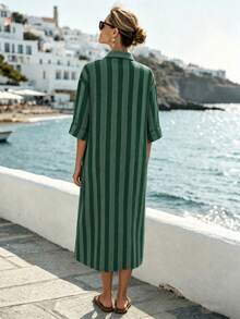 Louniche Women's Elegant Tropical Fashion Commuter Casual Comfortable Charming Vintage High-End Holiday Vacation Seaside Mid-Length Sleeve Shirt Collar Dress - Dark Green - View 2
