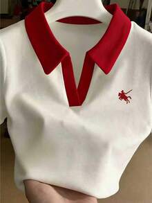 Franclia Embroidered Collar Fitted Short Sleeve T-Shirt For Women - White - View 5