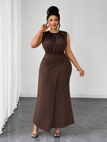 Maweii Plus Size Women Sleeveless Round Neck Metal Waist Midi Dress - Coffee Brown - View 4