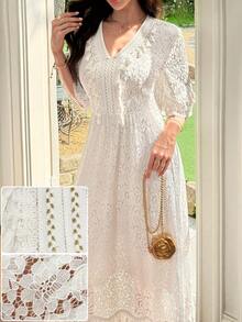 Yasmyna Spring/Summer V-Neck Tassel Ribbon White Lace Dress - White - View 5