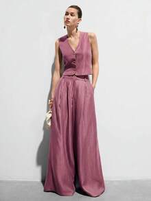 Aveloria Modichic Dusty Pink Color Scheme Silky Satin-Like Sleeveless Fitted Vest With High-Waist Wide-Leg Pants Suit 2 Pieces Set, Metal Decor Buckle, Smart Casual - Purple - View 7