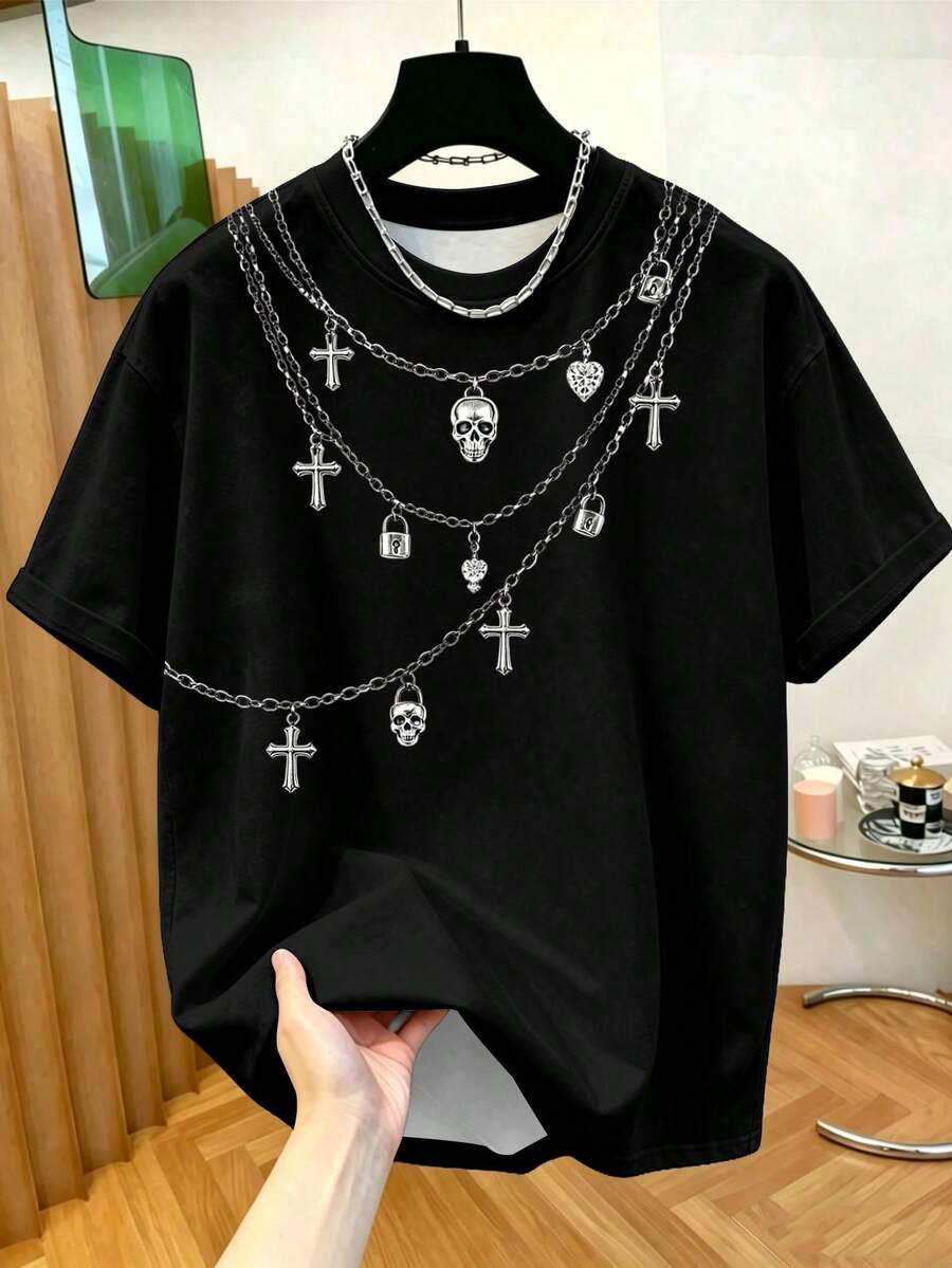 Manfinity Hypemode 男士美式復古龐克骷髏心形鎖頭項鍊深色哥德風圓領T恤 - 彩色 - 查看 1