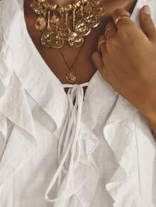 Aralina Ruffled V-Neck Long Sleeve Front Tie Blouse - White - View 3