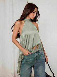 SHEIN PETITE 不對稱高領露背蕾絲飾邊細肩帶上衣，優雅無袖上衣，適合晚宴、雞尾酒會、正式場合、度假、夜生活、婚禮賓客，夏秋穿著，露肩風格 - 軍綠色 - 查看 5
