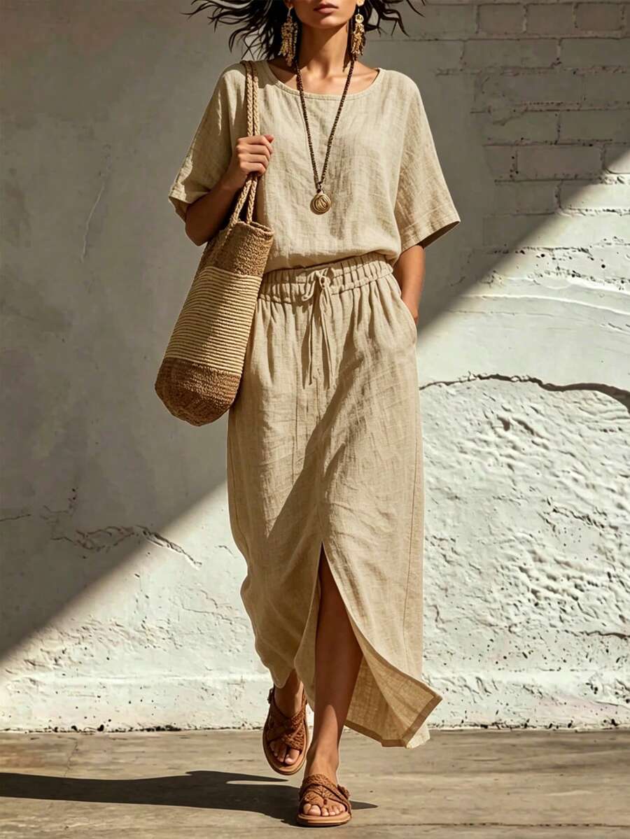 SHEIN Holidaya 女款純色短袖上衣與裙子套裝,棉麻材質,休閒度假穿著,鄉村風 - 杏色 - 查看 1