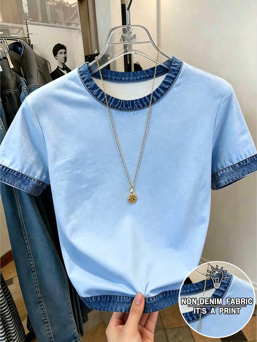 Resyla 女款拼接牛仔效果印花圓領短袖休閒T恤 - 彩色 - 查看 1