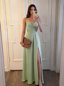 Aloruh 女款百褶深V領前開衩細肩帶伴娘禮服（成人）優雅婚禮洋裝 - 薄荷綠 - 查看 4