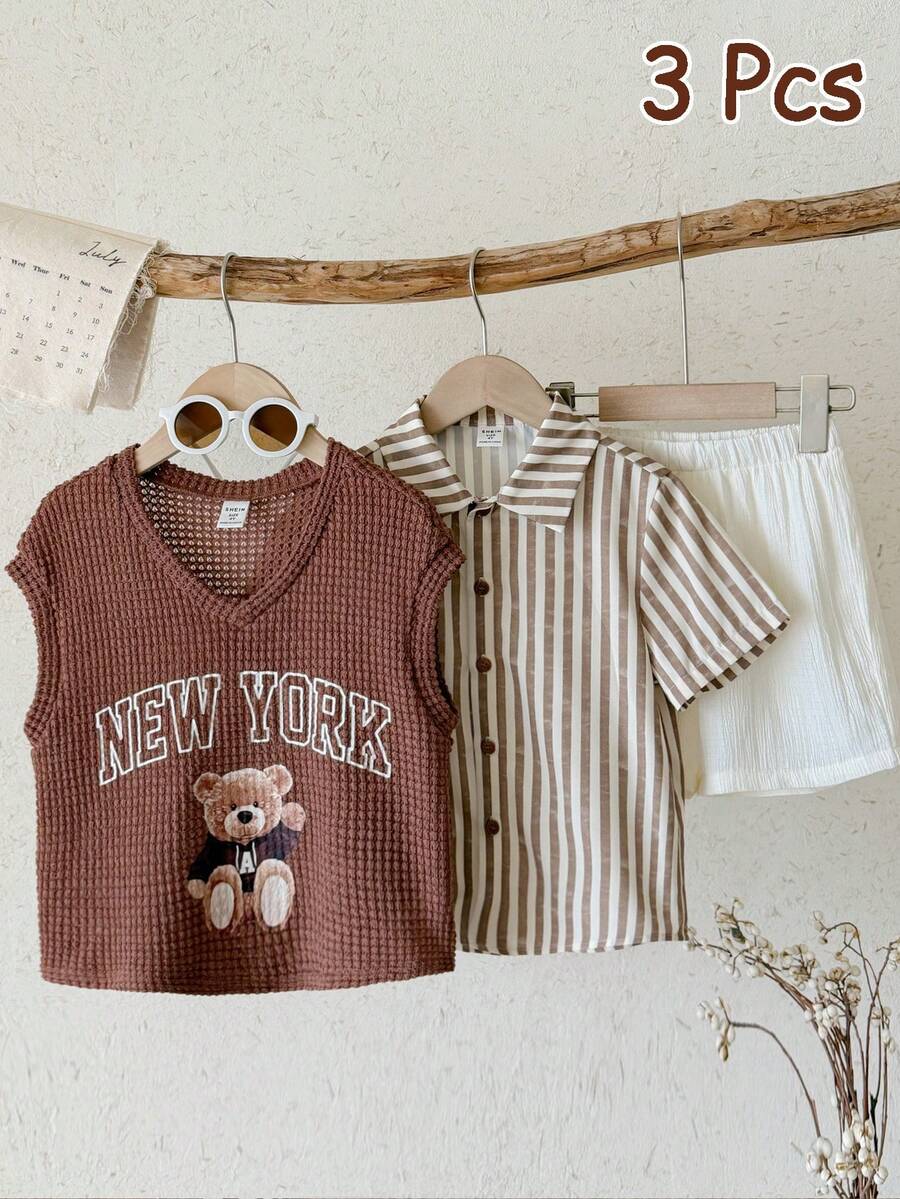 SHEIN 兒童小男孩/小女孩 中性款 3件組 春夏休閒學院風背心、條紋襯衫與短褲套裝 多件套裝 小男孩夏季服飾 柔軟復古風 - 棕色 - 查看 1