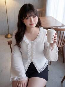 Bijouette 大尺碼女款蕾絲飾邊休閒百搭日常外出T恤 - 白色 - 查看 11