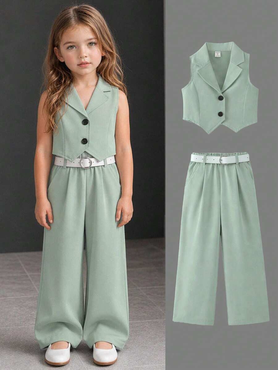 Elladie kids 两件套：米色吊带背心，正面饰有纽扣蝴蝶结，搭配阔腿裤，休闲套装，适合日常、活动、正式场合、返校季等场合。