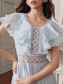 Anewsta Romantic Date Backless Women's Blue Ruffle Chiffon Jacquard Dress - Baby Blue - View 3