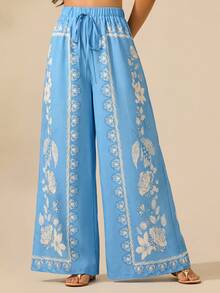 CAJUNI Women's Boho Tropical Plant Print Long Pants, Casual Vacation Beach Summer Extra Long Wide Leg Pants - Baby Blue - View 1