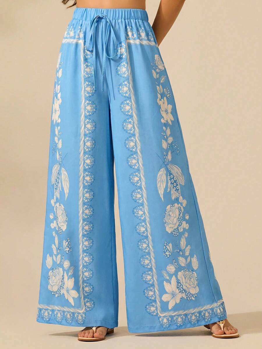 CAJUNI Women's Boho Tropical Plant Print Long Pants, Casual Vacation Beach Summer Extra Long Wide Leg Pants - Baby Blue - View 1
