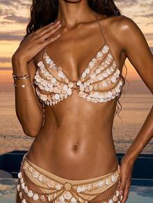 Opulessa Top halter de moda versátil para mujer con decoración de conchas y eslabones metálicos, para vacaciones y viajes - Albaricoque - Ver 2