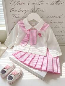 Playful Pals 2pcs/Set Baby Girl White Long Sleeve Button-Up Shirt With Animal Horse Embroidery And Turn-Down Collar + Pink And White Striped Elastic Waist Pleated Skirt, Casual Cute Sweet Fashion Korean Style Outfit, Matching Shawl Included, Preppy Style, Suitable For Autumn Daily Wear, School, Shopping And Other Occasions - Pink - View 9