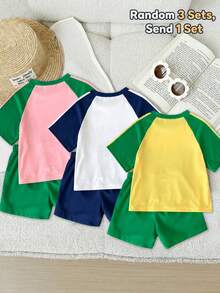 SHEIN 少女字母印花短袖T恤與短褲休閒日常套裝 - 黃色 - 查看 4