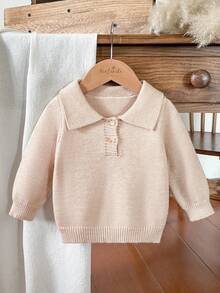 SHEIN Vintaside Kids 嬰兒（男嬰）灰色花卉圖案翻領長袖套頭毛衣，適合春季、秋季、冬季、秋冬季節 - 杏色 - 查看 4