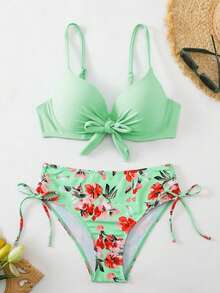 SHEIN Swim Swim Lushoire 女士成熟時尚性感泳衣兩件套，青藍孔雀綠前綁帶純色比基尼上衣搭配植物印花短褲，夏季海灘度假風 - 薄荷綠 - 查看 3