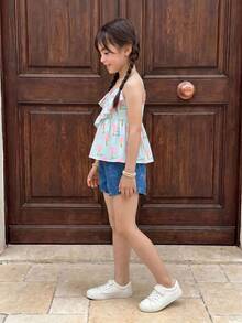 SHEIN Casuvi Kids 女童休闲碎花吊带上衣和蓝色短裤两件套，配格子腰带装饰，适合日常穿着，简约时尚。 - 彩色 - 查看 5