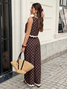 Serisse Women's Brown And White Polka Dot Contrast Color Top And Pants Casual Vintage Elegant Tropical Daily 2 Pieces Set Vacation Summer Brunch - Brown - View 2