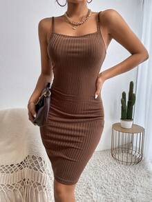 INAWLY Vestido ajustado de tirantes tejido de canalé - Café integral - Ver 4