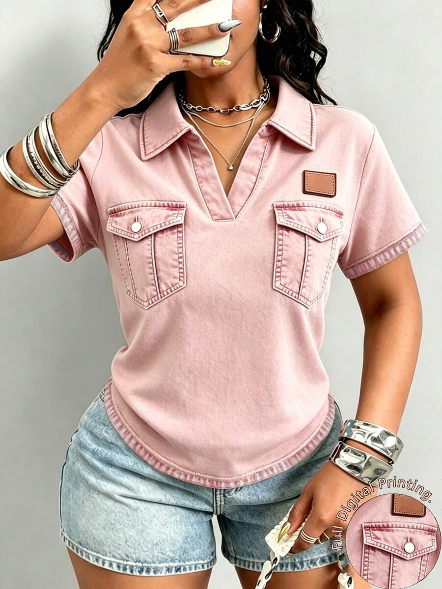 Maweii 女款休閒復古短袖 Polo 領 T 恤,粉色假口袋圖案印花 T 恤 - 彩色 - 查看 1
